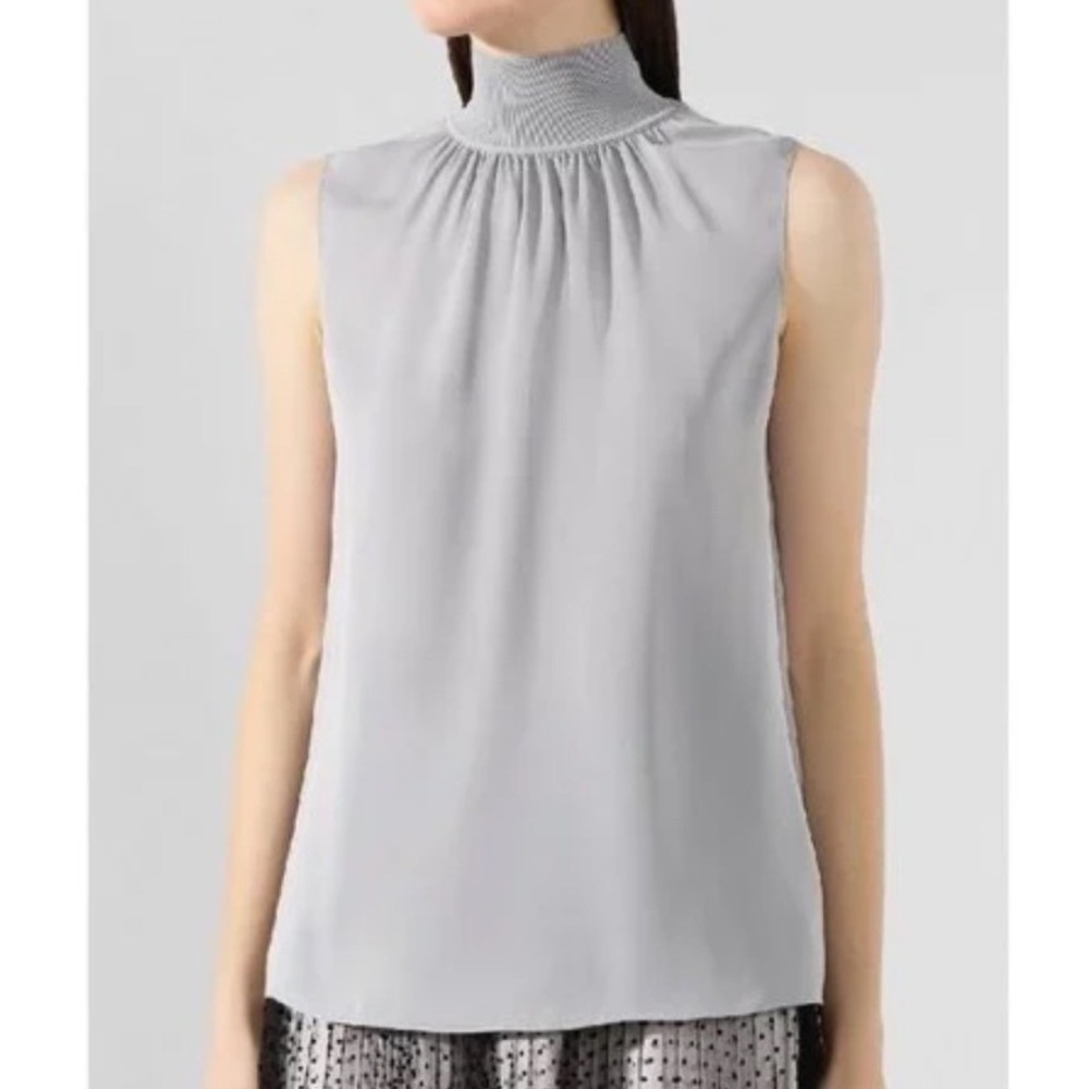 Theory Womens Light Gray 100% Silk Ribbed Mock Neck Sleeveless Shell Top Small